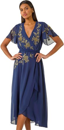 Roman Womens Premium Beaded Wrap Midi Dress - Navy - Size 14 UK