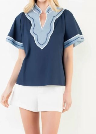 THML Clothing Wide Sleeve Contrast Trim V-Neck Top In Blue