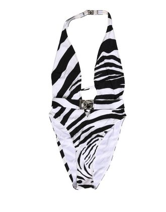 Dolce & Gabbana Womens Black White Zebra Deep V-Neck One Piece Swimwear And Elastane Nylon Clothing