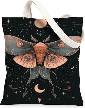 Generic Celestial Moth Canvas Tote Bags, Artistic Night Sky Design Reusable Grocery Bags, Lightweight Washable Shoulder Strap, Black, 13x15 Inch