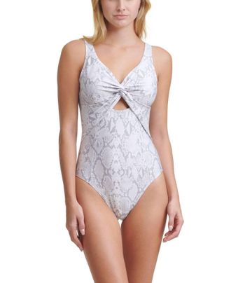 DKNY Printed Peek-A-Boo Twist One Piece Swimsuit In Pearl Gray