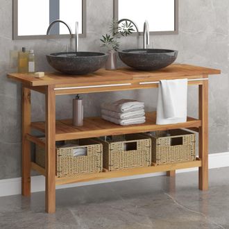 vidaXL Tocador De Ba&ntilde;o Madera Maciza De Teca Con Lavabos M&aacute;rmol Negro Vidaxl