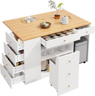 STILVORA Isla De Cocina Con 6 Cajones, 2 Estantes Abiertos Y Taburete Con Almacenaje Y Ruedas En Mdf 140x40x89 Cm
