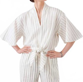 Karen Kane Linen Blend Stripe Flare Sleeve Tie-Front Top In Cream/black