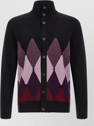 Ballantyne cashmere ribbed high neck diamond intarsia cardigan