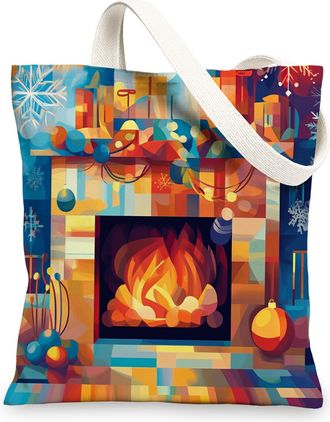 Generic Abstract Merry Christmas Fireplace Canvas Tote Bag for Shopping 13x15, Fun Xmas Winter Reusable Grocery Print Bag for Women, Holiday New Year Beach Ae