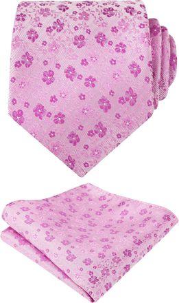 Alizeal Mens Floral Patterned Wedding Party Tie with Pocket Square 8cm Colorful Classic Business Tie Set, Pink+Magenta