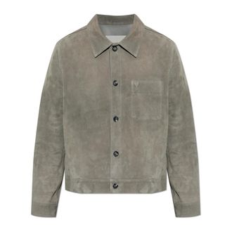 Ami Leather Jackets, male, Gray, Size: 2XL Suede Jacket With Embossed Logo