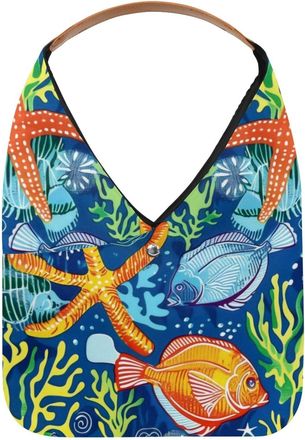 Generic Coral Fish Starfish Pattern Reusable Lightweight Grocery Bags - Foldable Into Compact Pouch, Washable & Sturdy, Multipurpose for Shopping and Travel