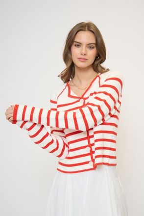 Central Park West Maisie Collarless Sweater Jacket in Tomato/white at Nordstrom, Size Medium