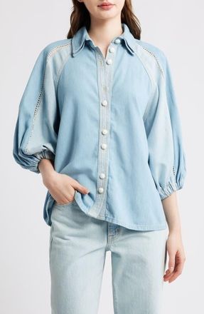 Farm Rio Two-Tone Denim Button-Up Shirt at Nordstrom, Size Xx-Small