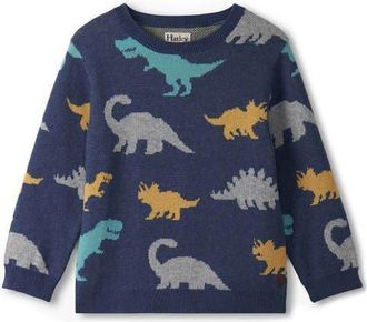 Hatley Dino Party Intarsia Cotton Crewneck Sweater in Limoges at Nordstrom, Size 18-24M