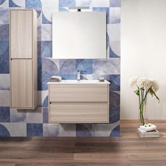 Arche Mobile Bagno Sospeso 80 Cm Rovere Completo Di Colonna Lavabo Specchio E Lampada