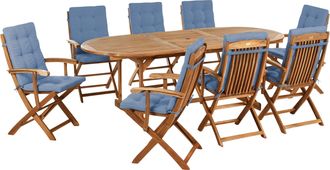 Beliani Conjunto De Jard&iacute;n 8 Plazas De Madera De Acacia Clara Con Mesa Ovalada Y Sillas Plegables Con Cojines Azules Maui Premium