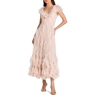 Mac Duggal Petite Micro Ruffle Cap Sleeve A-Line Midi Dress in Blush at Nordstrom, Size 6