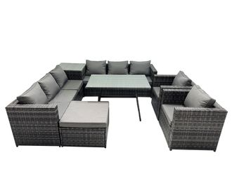 Fimous Garden Rattan Furniture Set 9 Seater with Big Stool Side Table in Dark Grey