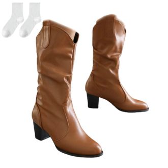 Generic Womens Knee-High Boots, Pull-On Boots in A Leather Look with A Block Heel And Ruched Shaft, Comfortable Tall Boots for Everyday Wear, Leisure, Autumn 