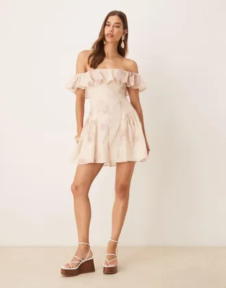 Asos Vestito corto in cotone a fiori con cuciture e scollo Bardot-Multicolore