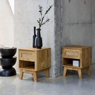 Sweeek Set Of 2 Wood Effect & Cane Bedside Tables in Light Brown