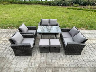 Fimous Rattan Garden Furniture Set Patio Outdoor Lounge Sofa Set with Rectangular Dining Table Double Seat Sofa 2 Small Footstools in Dark Grey