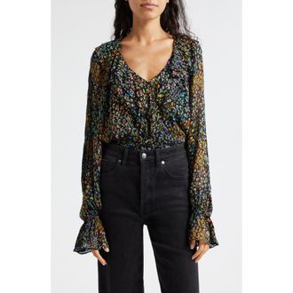 Ramy Brook Kendra Floral Print Ruffle Top in Black Garden Ditsy Print at Nordstrom Rack, Size Small