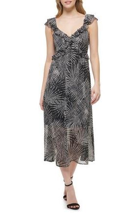 Kensie Palm Print Ruffle Empire Waist Chiffon Midi Dress in Black Multi at Nordstrom Rack, Size 10