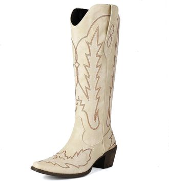 Generic Womens Pointed Toe Western Cowboy Boot Block Heel Knee High Boots PU Leather Long Boots with Embroidery Stitched,Beige,6.5 UK