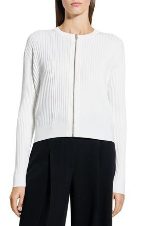 Theory Pointelle Rib Zip Cardigan in White at Nordstrom, Size Petite