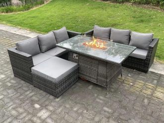 Fimous Outdoor Rattan Garden Furniture Sofa Set Gas Fire Pit Dining Table Gas Heater Burner With 3 Seater Sofa in Dark Grey