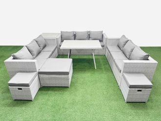 Fimous 12 Seat Patio PE Rattan Garden Furniture with Side Table 3 Stool in Light Grey