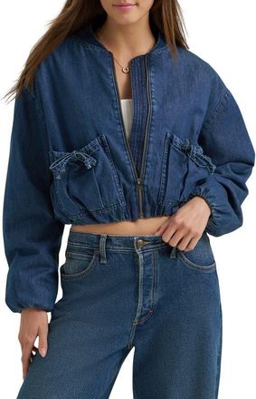 Lee Oversize Bubble Hem Denim Bomber Jacket in Mid Pacific at Nordstrom, Size Xx-Large