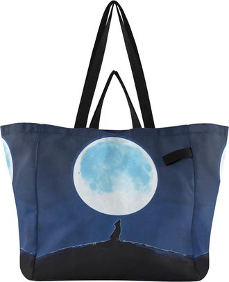 Generic Black Wolf Moon pattern Reusable Canvas Tote Bag, Heavy Duty Grocery Shopping Bag with Double Handles Hard Bottom Large Capacity Work Groceries Travel