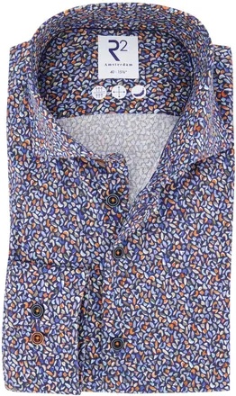 R2 overhemd blauw print katoen semi-wide spread boord