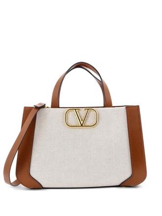 Valentino Garavani VLogo Shopper Canvas and Leather Small tote bag - Marrone