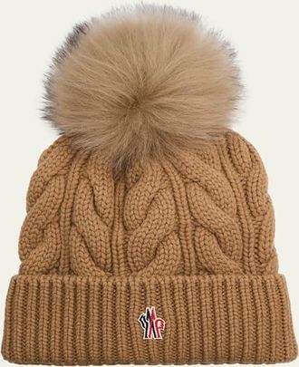 Moncler Cable-Knit Wool-Cashmere Beanie with Shearling Pom