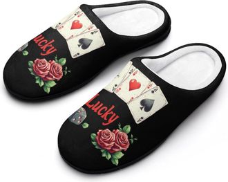 Generic Lucky Gambling Casino Cards And Dice Womens Slippers Warm House Slippers Indoor House Shoes with Anti-Skid Rubber Sole