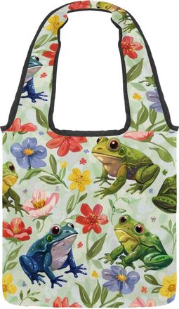 Generic Frog Florals Reversible Canvas Shoulder Tote - Double-Sided Print, 12oz Cotton, 27cm Drop, Fold-Flat Bag for Travel, Shopping, Street Outings