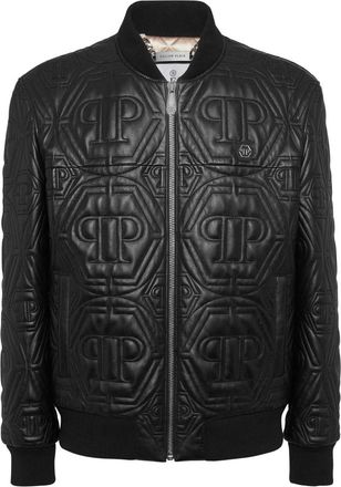 Philipp Plein Embossed Leather Bomber Monogram - Heren - Leren en Su&egrave;de Jassen - Zwart - S - Leer - Jassen