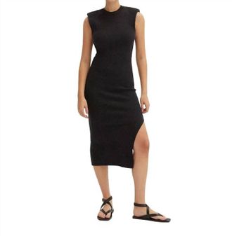 Crescent Power Shoulder Ribbed Knit Maxi Dress In Black