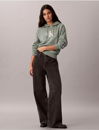 Calvin Klein Jeans Calvin Klein Womens Rhinestone Monologo Fleece Hoodie - Green - XL