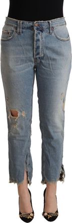 Cycle Womens Cropped Boyfriend Jeans Distressed Detail - Light Grey Cotton - Size 34 (Waist)