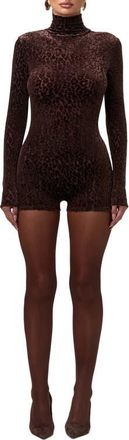 Naked Wardrobe Burnout Mock Neck Long Sleeve Romper in Leopard Dark Chocolate at Nordstrom, Size X-Large