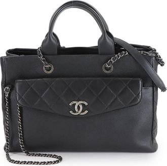 Chanel Black Navy Grained Calfskin Shoulder Bag Tote Bag (Pre-Owned)