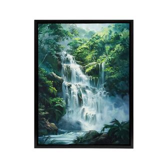 Artery8 Jungle Waterfall Amazon Rainforest Framed Canvas Wall Art Print in Green | Size: W24 x H32