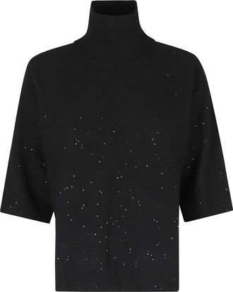 Seventy Black Sequined Side Slits Polyester-Blend Turtleneck