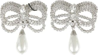 Alessandra Rich Accessoires, Dames, Grijs, ONE Size, Kristallen strik oorbellen met parelhanger