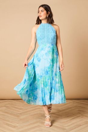 Oasis Womens Printed Lace Mix Halterneck Midi Dress - Floral - Size 14 UK