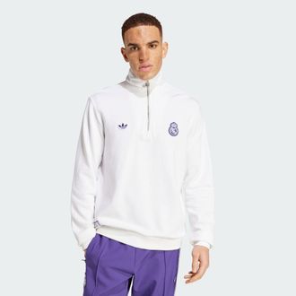 adidas Originals Mens Real Madrid Terrace Icons Half-Zip Top - White Cotton - Size Small
