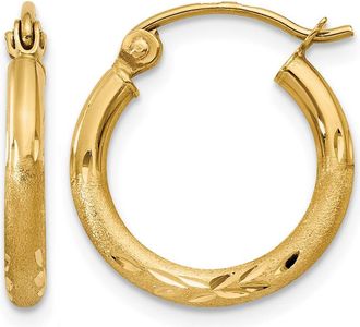 Diamond2Deal 14k Gold Satin and Diamond-cut 2mm Round Hoop Earring