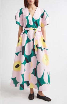 Marimekko Kaffet Unikko Floral Cotton & Linen Maxi Dress in Green Light Pink Yellow at Nordstrom, Size 16 Us